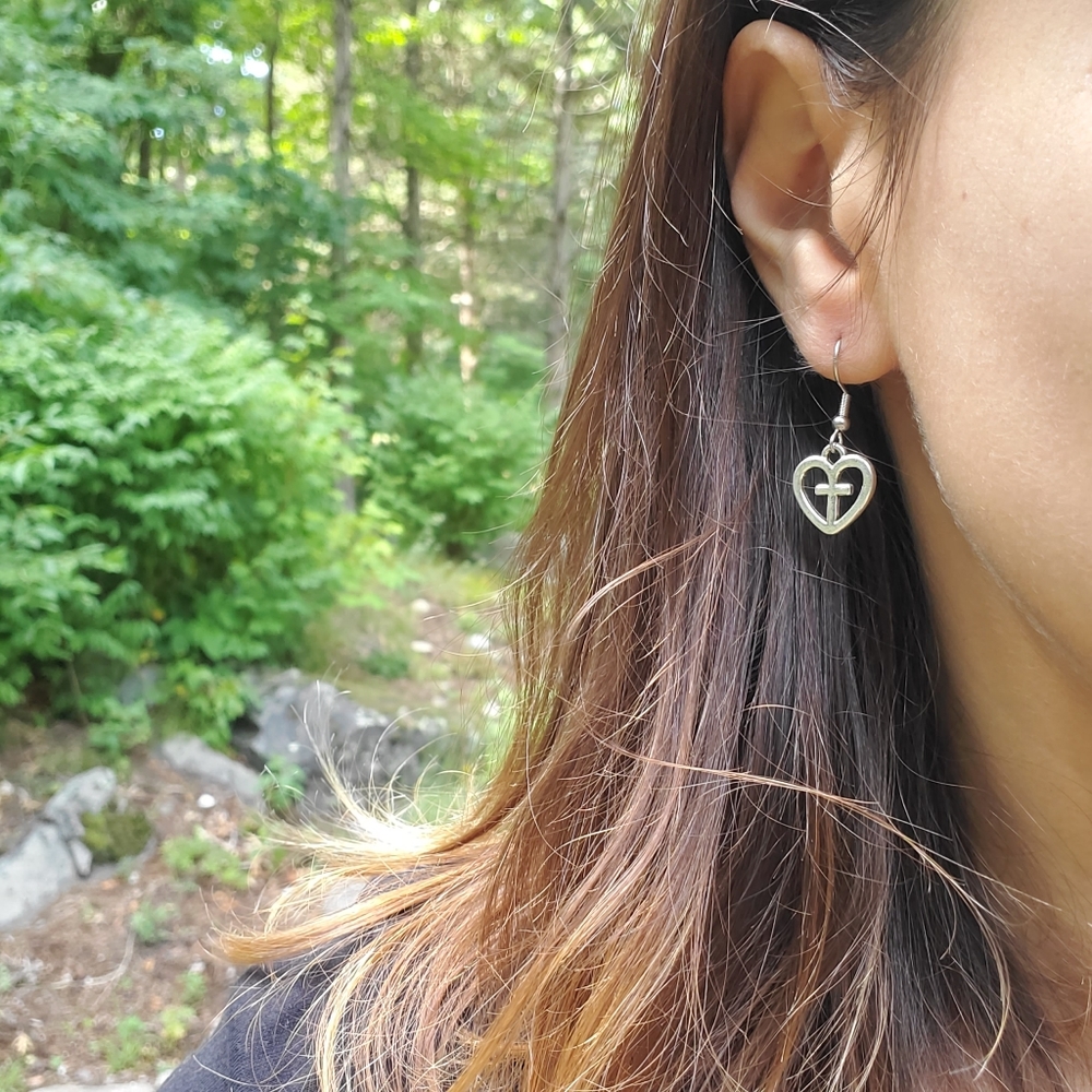 New Handmade Dainty Silver Cross Heart Earrings - Picture 5 of 15